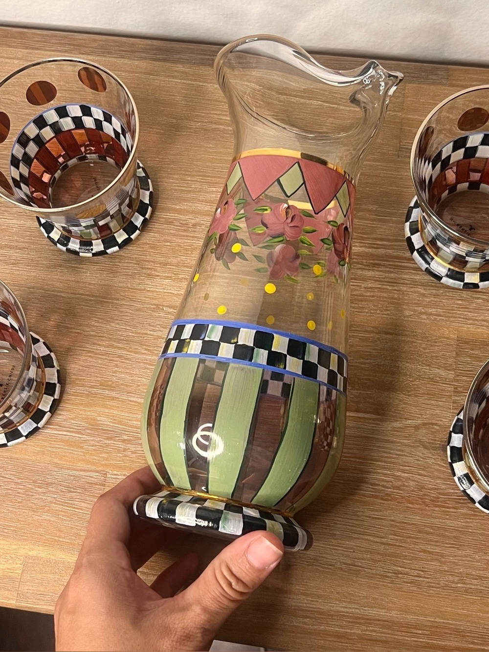 MacKenzie-Childs Hand-Painted 5-Piece Pitcher & Tumbler Set Courtly Check Floral - Picture 3 of 5